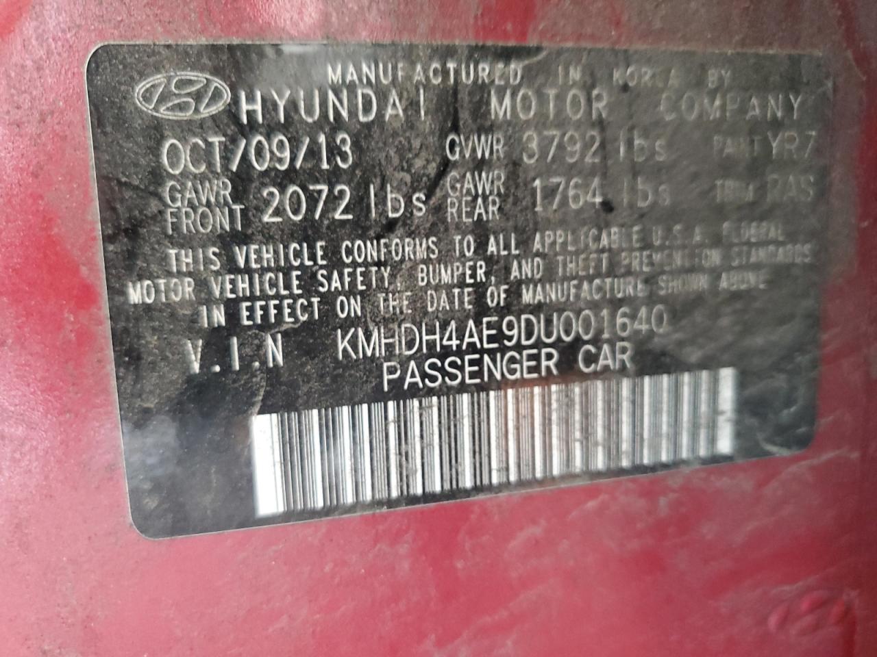 2013 Hyundai Elantra Gls VIN: KMHDH4AE9DU001640 Lot: 64947145