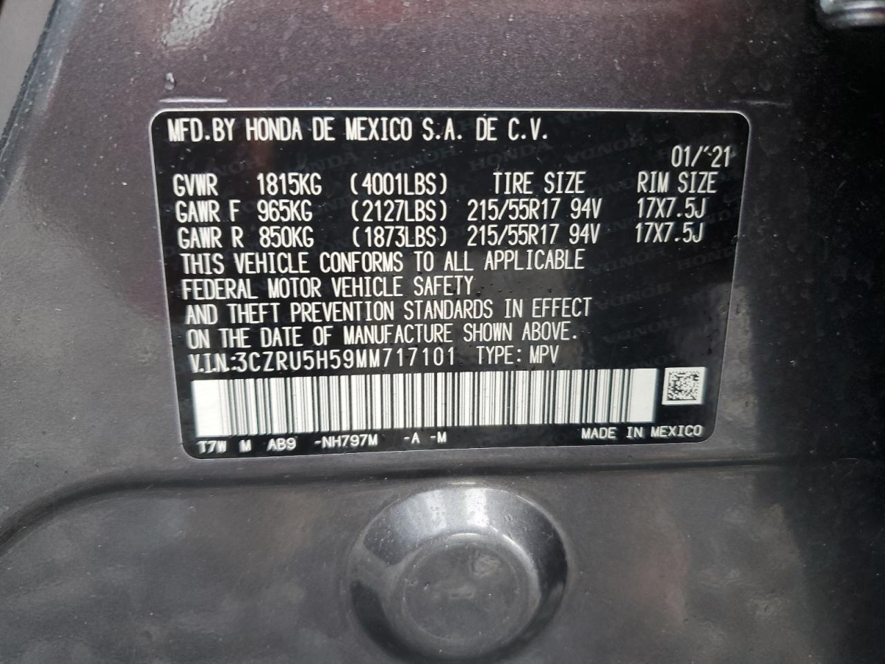 2021 Honda Hr-V Ex VIN: 3CZRU5H59MM717101 Lot: 65595475