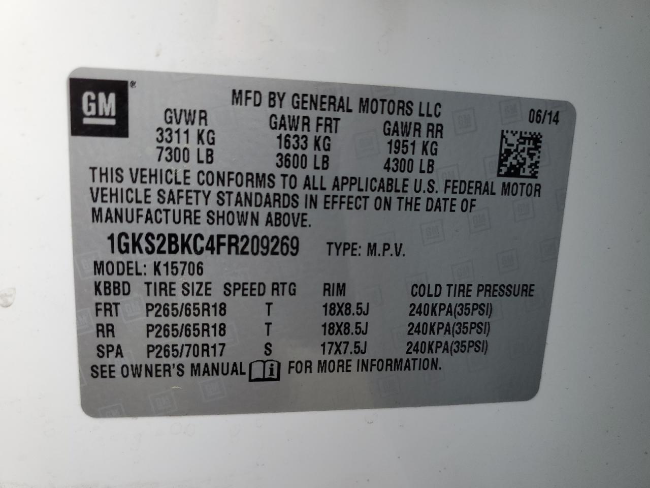 2015 GMC Yukon Slt VIN: 1GKS2BKC4FR209269 Lot: 64159125