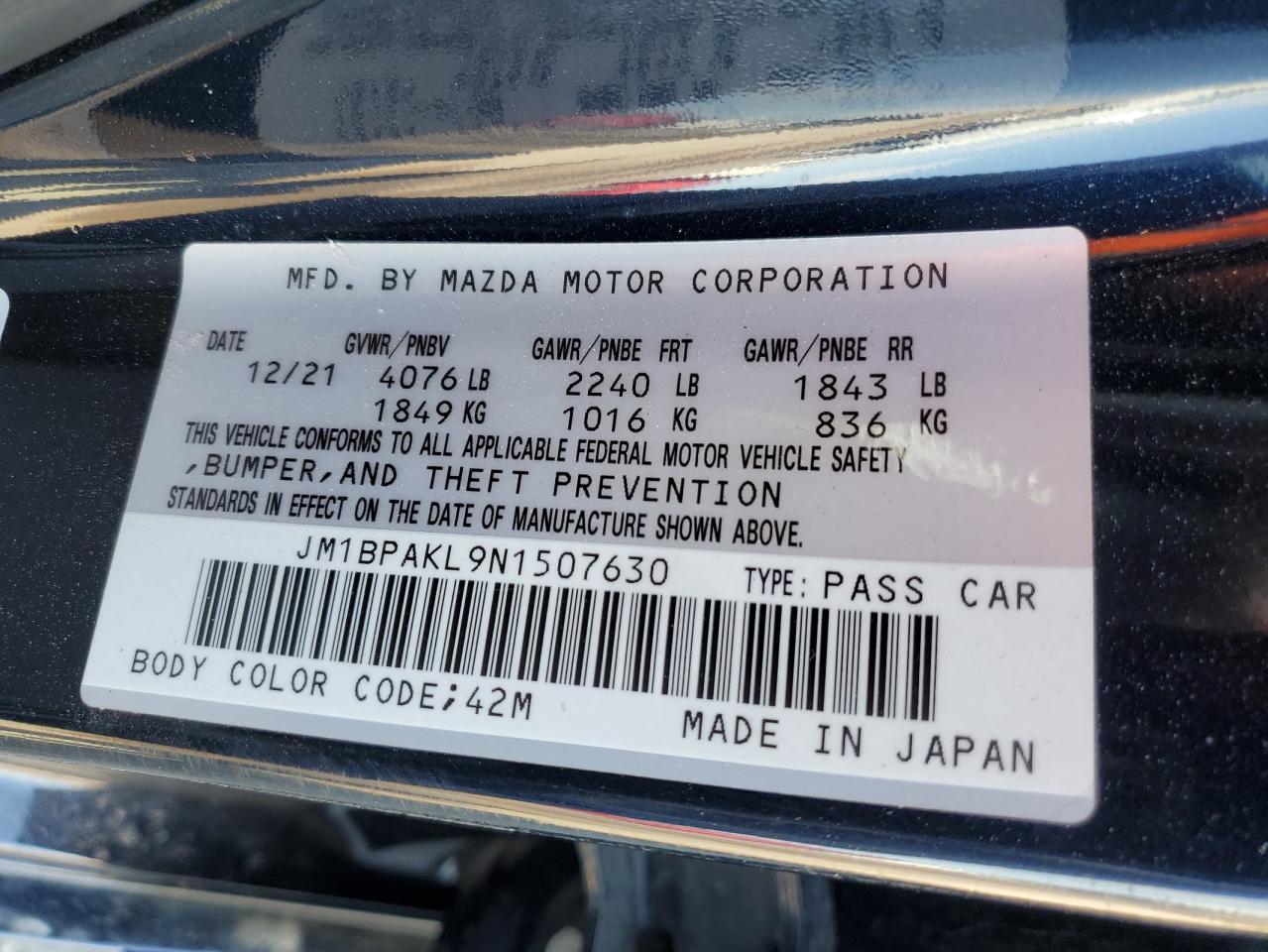 2022 Mazda 3 Select VIN: JM1BPAKL9N1507630 Lot: 63757255