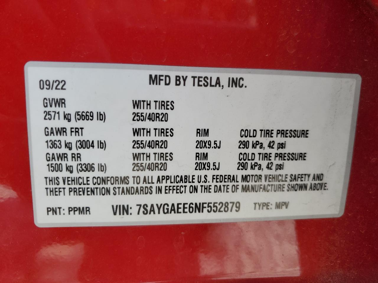 2022 Tesla Model Y VIN: 7SAYGAEE6NF552879 Lot: 64209745