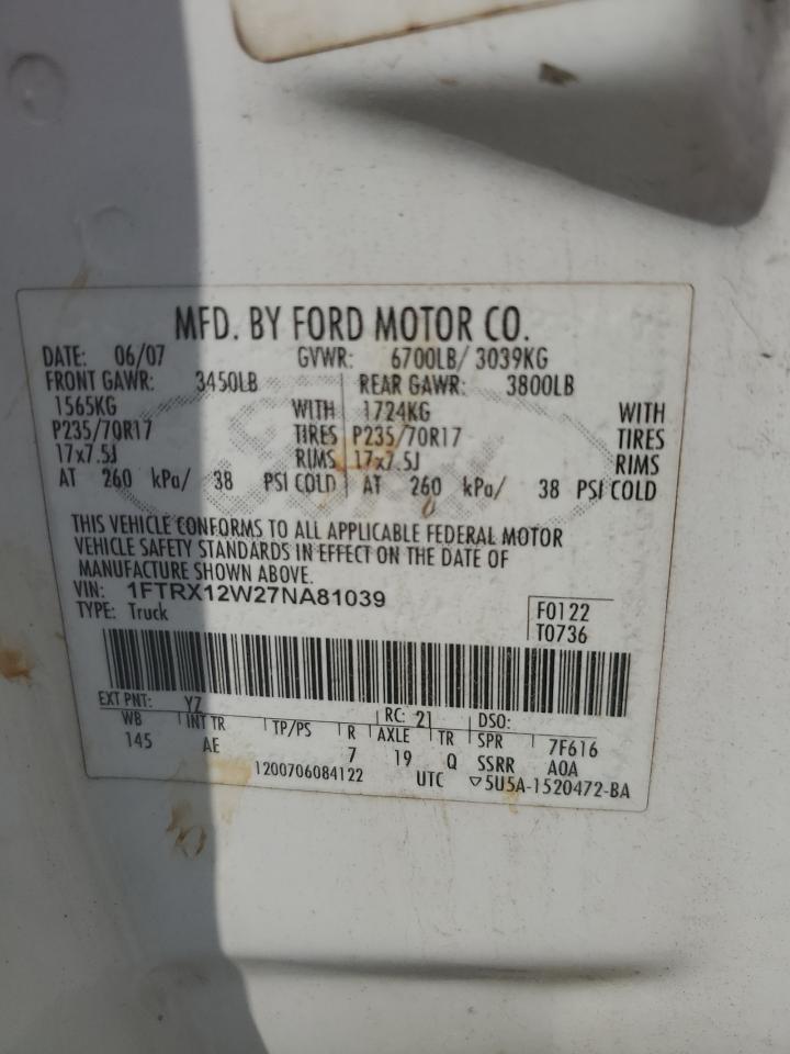 2007 Ford F150 VIN: 1FTRX12W27NA81039 Lot: 64974655