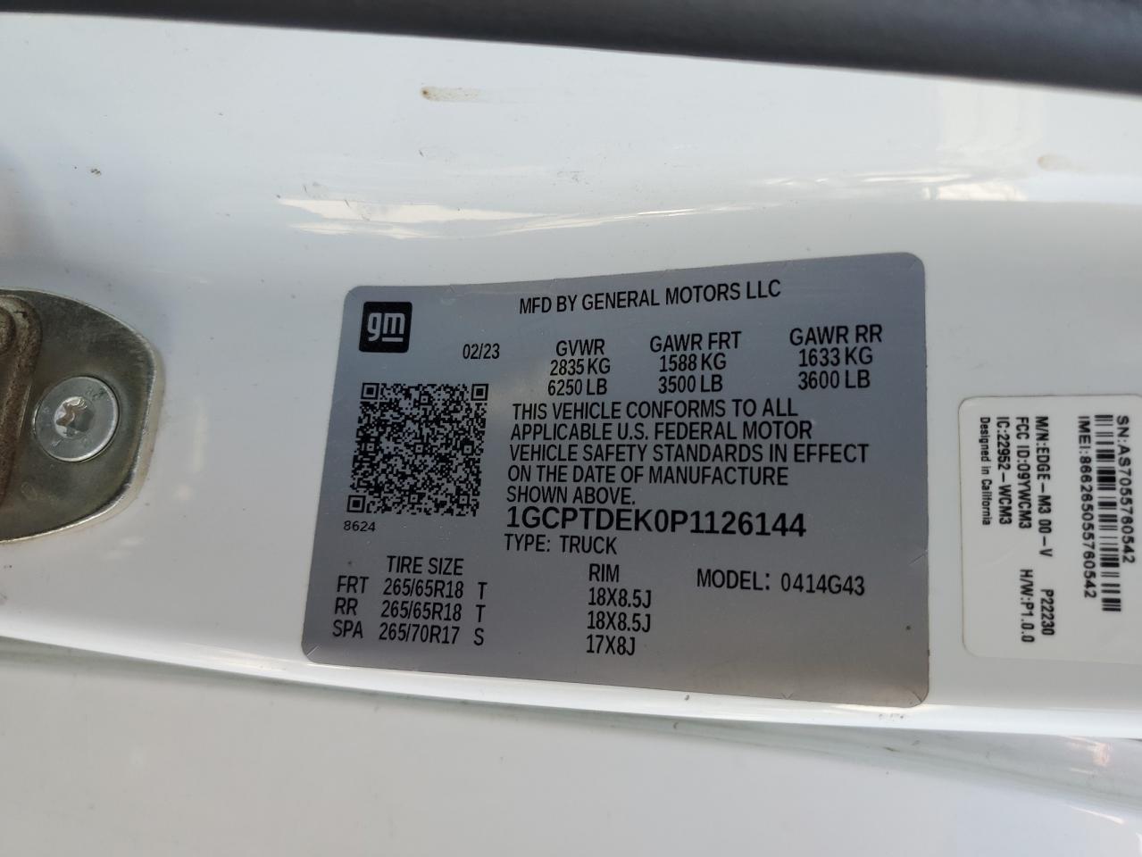 2023 Chevrolet Colorado Z71 VIN: 1GCPTDEK0P1126144 Lot: 63084865