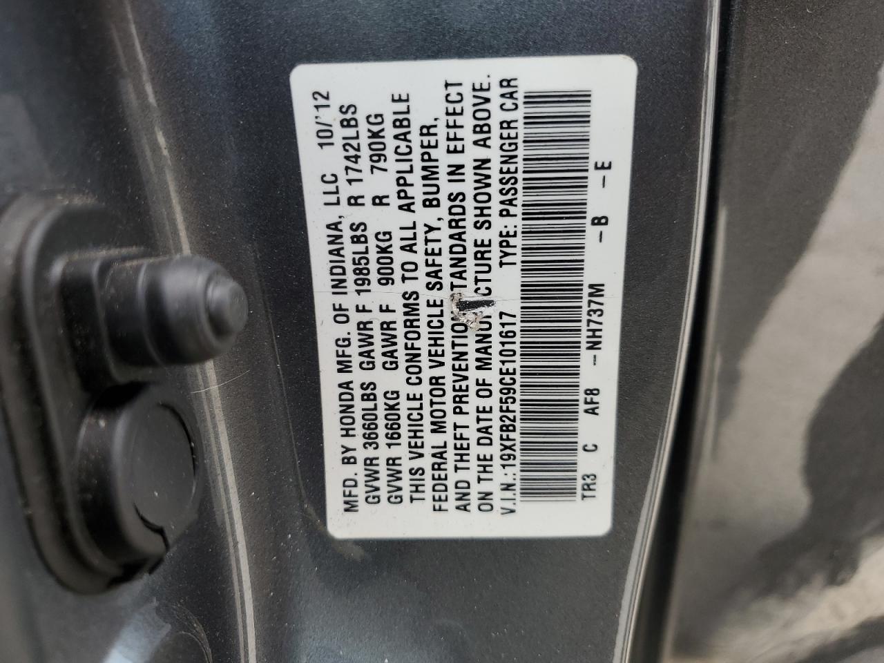 2012 Honda Civic Lx VIN: 19XFB2F59CE101617 Lot: 64468925