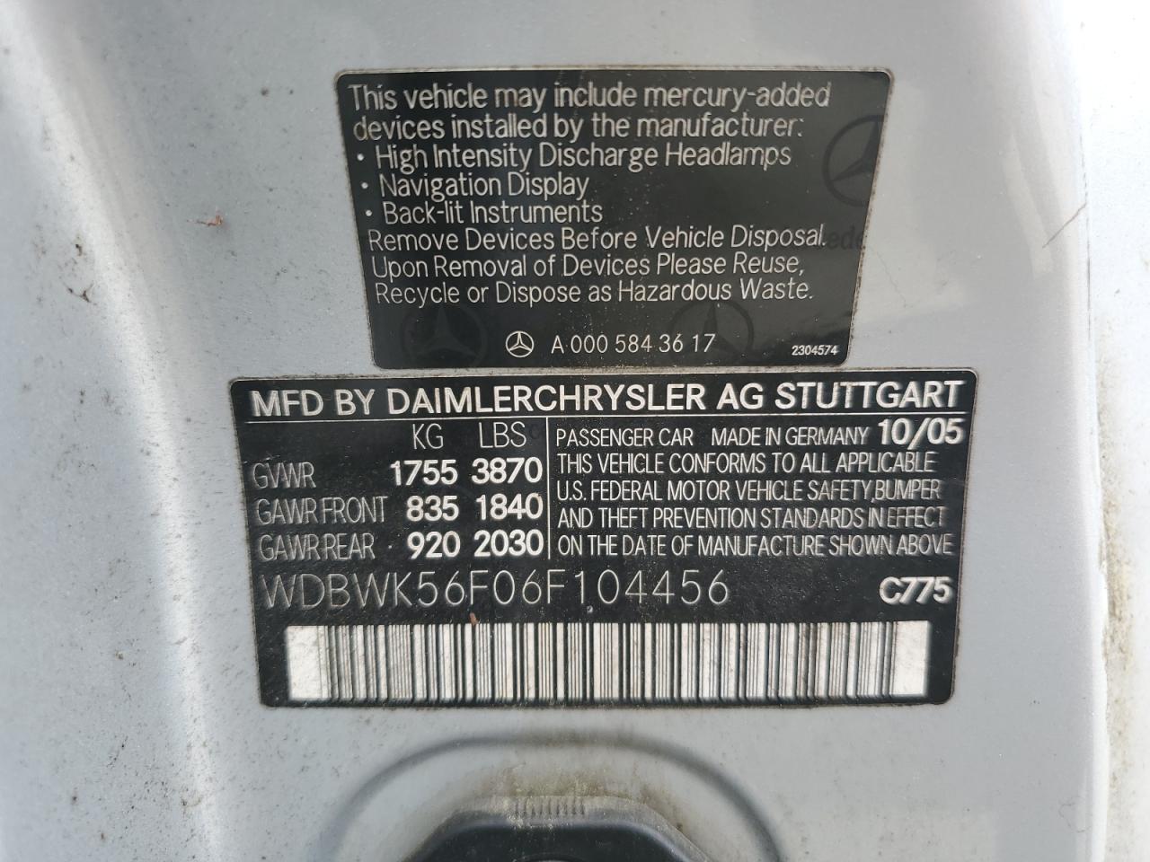 2006 Mercedes-Benz Slk 350 VIN: WDBWK56F06F104456 Lot: 62647875