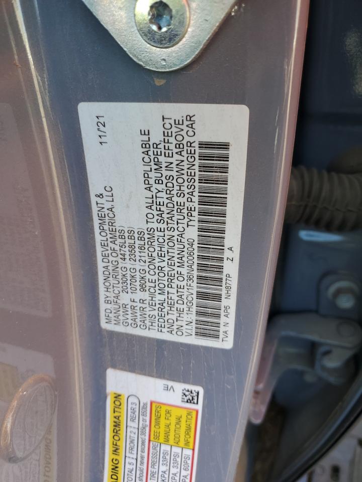 2022 Honda Accord Sport VIN: 1HGCV1F36NA006040 Lot: 62734735