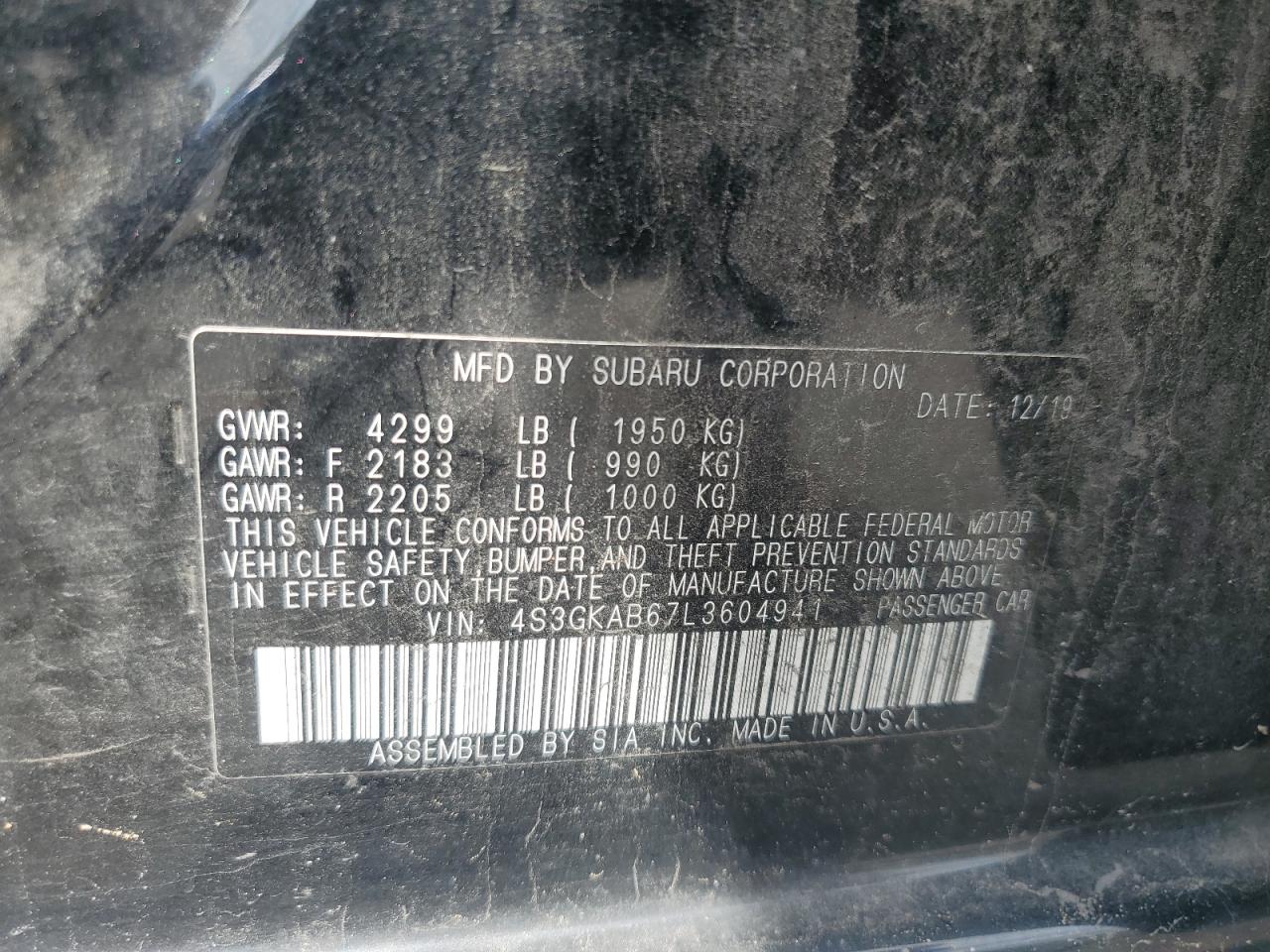 2020 Subaru Impreza VIN: 4S3GKAB67L3604941 Lot: 64579095