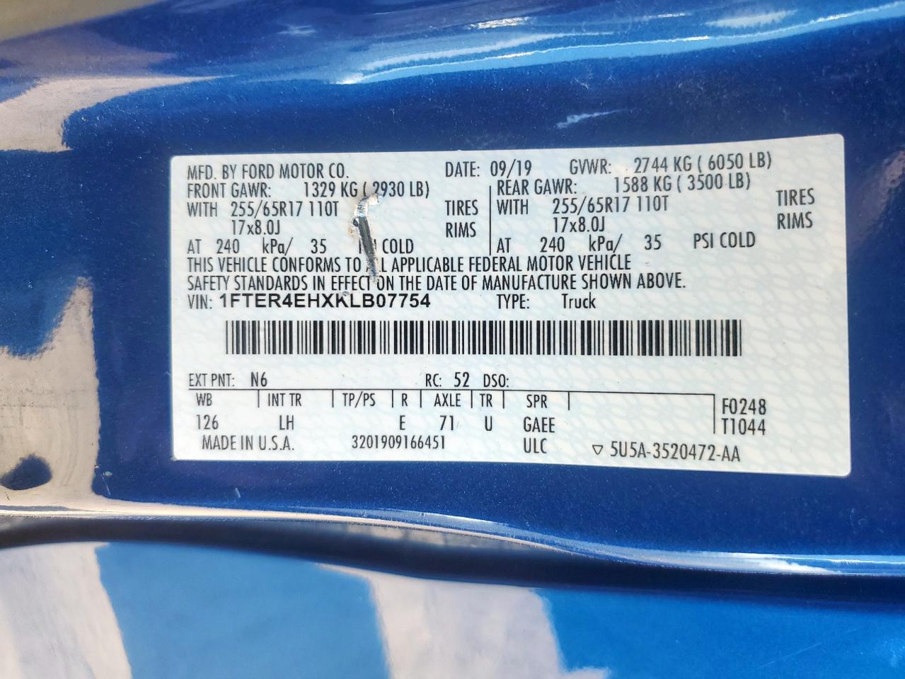 2019 Ford Ranger Xl VIN: 1FTER4EHXKLB07754 Lot: 64293825