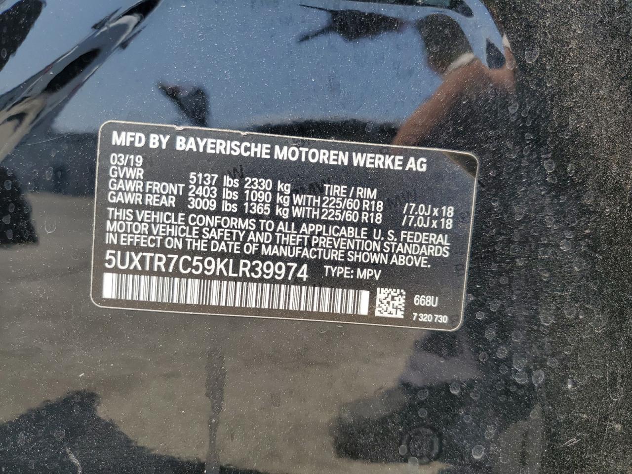 2019 BMW X3 Sdrive30I VIN: 5UXTR7C59KLR39974 Lot: 63346105