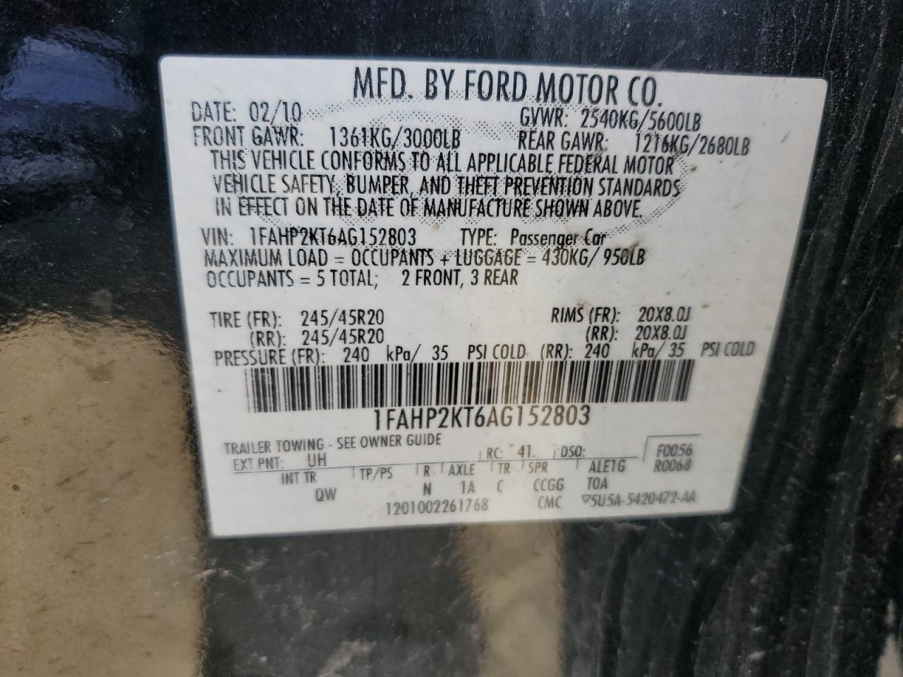 2010 Ford Taurus Sho VIN: 1FAHP2KT6AG152803 Lot: 61750255