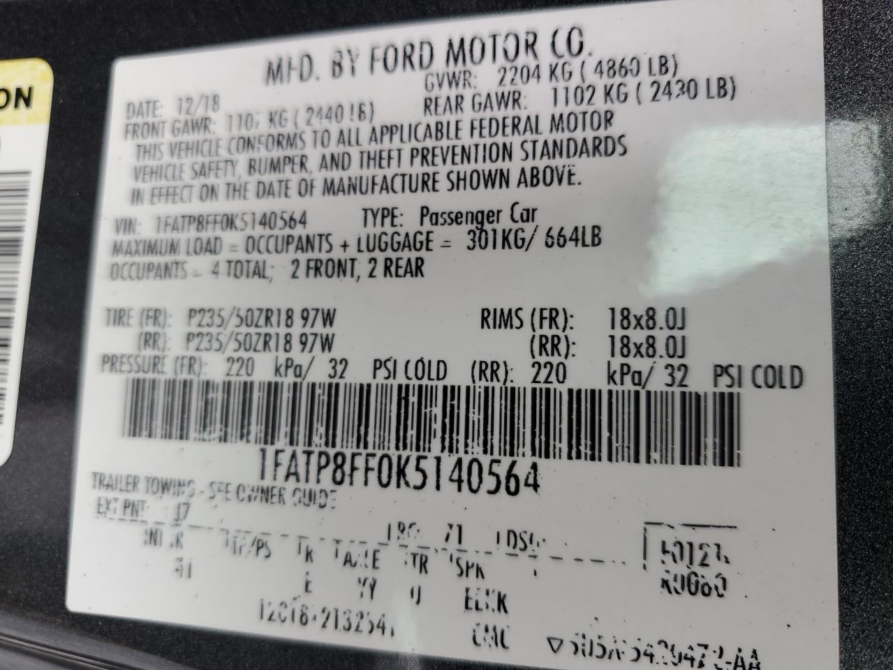 2019 Ford Mustang Gt VIN: 1FATP8FF0K5140564 Lot: 64838615