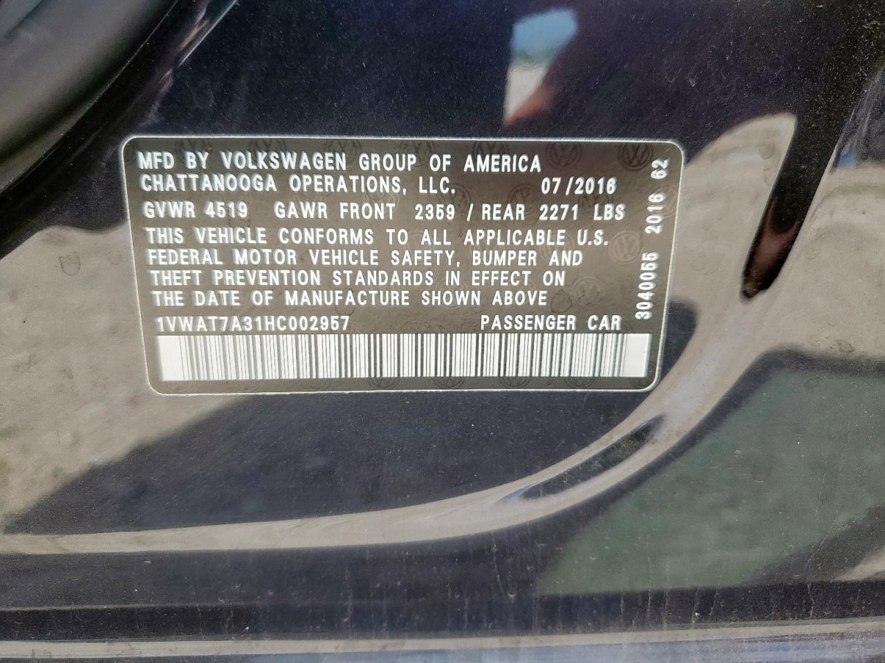 2017 Volkswagen Passat S VIN: 1VWAT7A31HC002957 Lot: 64275425