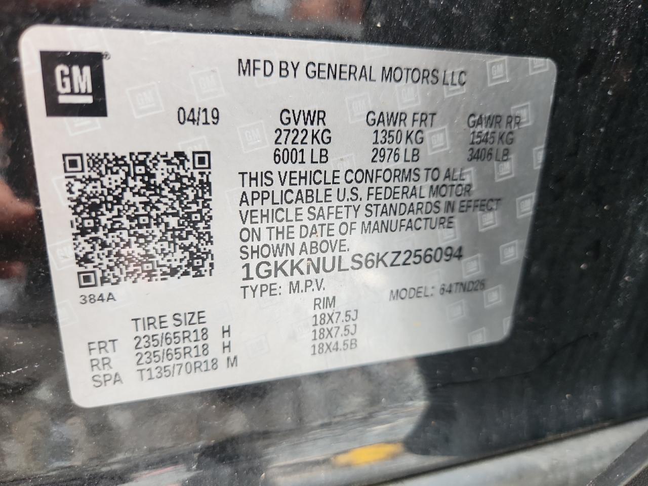 2019 GMC Acadia Slt-1 VIN: 1GKKNULS6KZ256094 Lot: 64578875