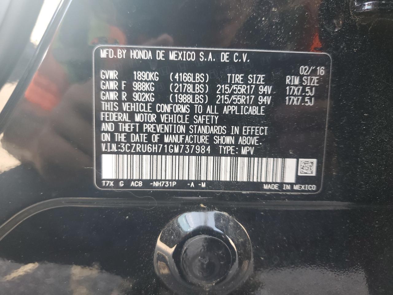 2016 Honda Hr-V Exl VIN: 3CZRU6H71GM737984 Lot: 64262655