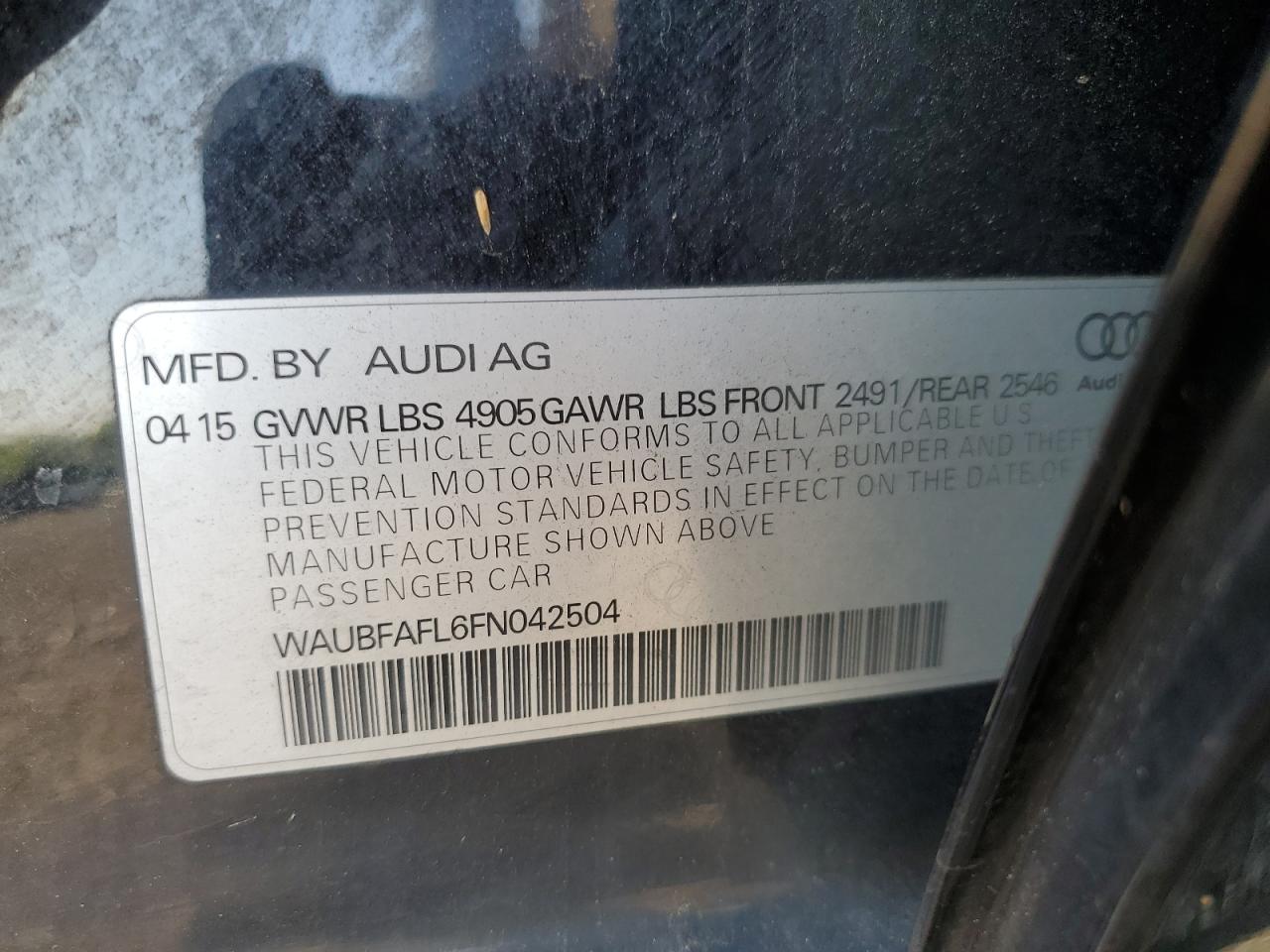 2015 Audi A4 Premium VIN: WAUBFAFL6FN042504 Lot: 63694125