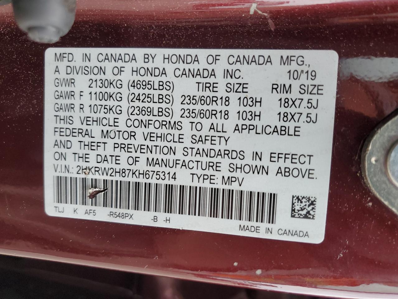 2019 Honda Cr-V Exl VIN: 2HKRW2H87KH675314 Lot: 63711035