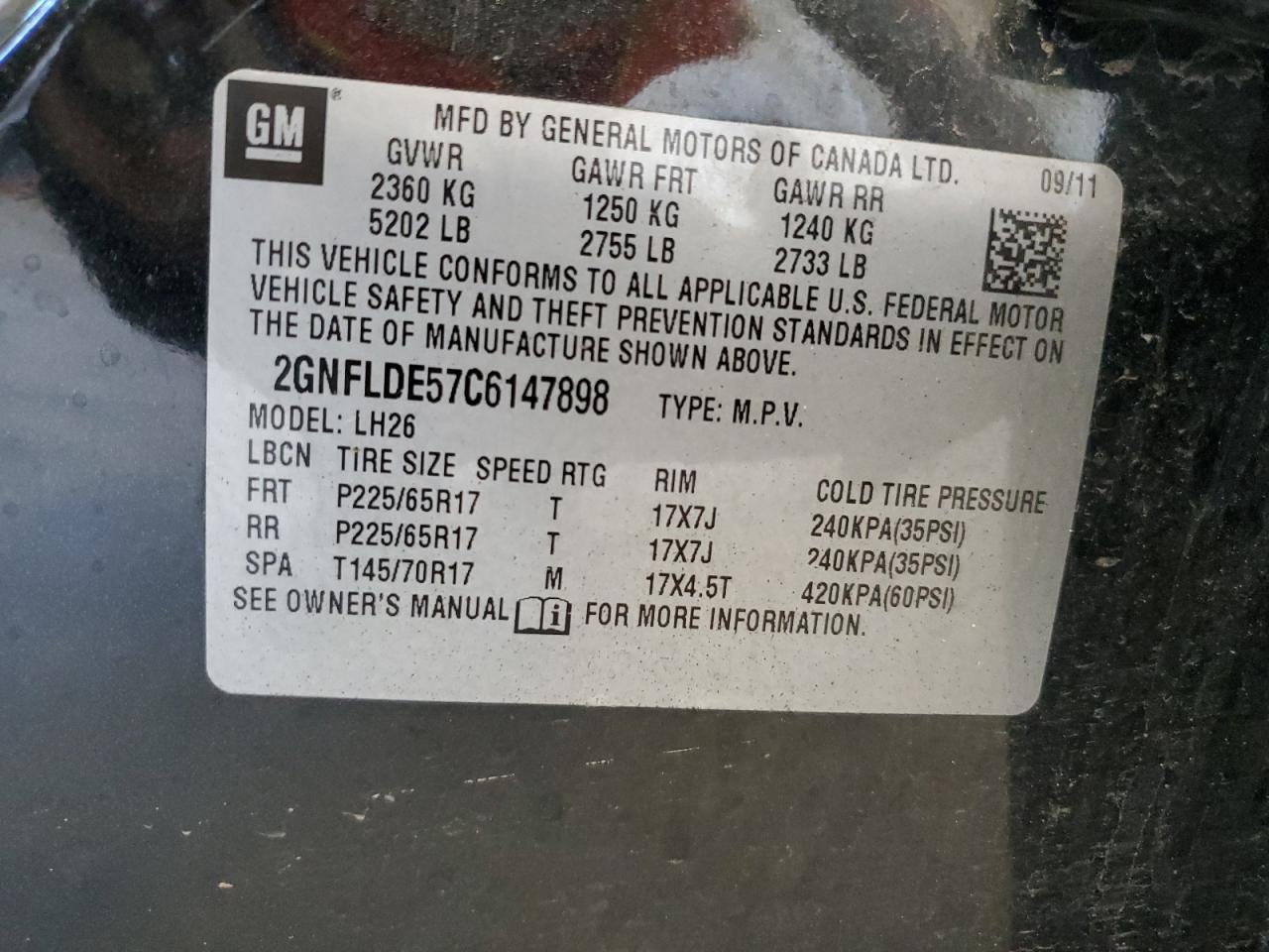 2012 Chevrolet Equinox Lt VIN: 2GNFLDE57C6147898 Lot: 63207325