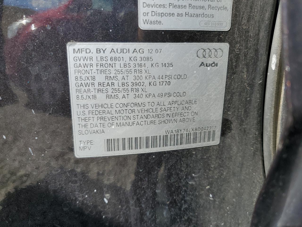 2008 Audi Q7 3.6 Quattro Premium VIN: WA1BY74LX8D042317 Lot: 63675685