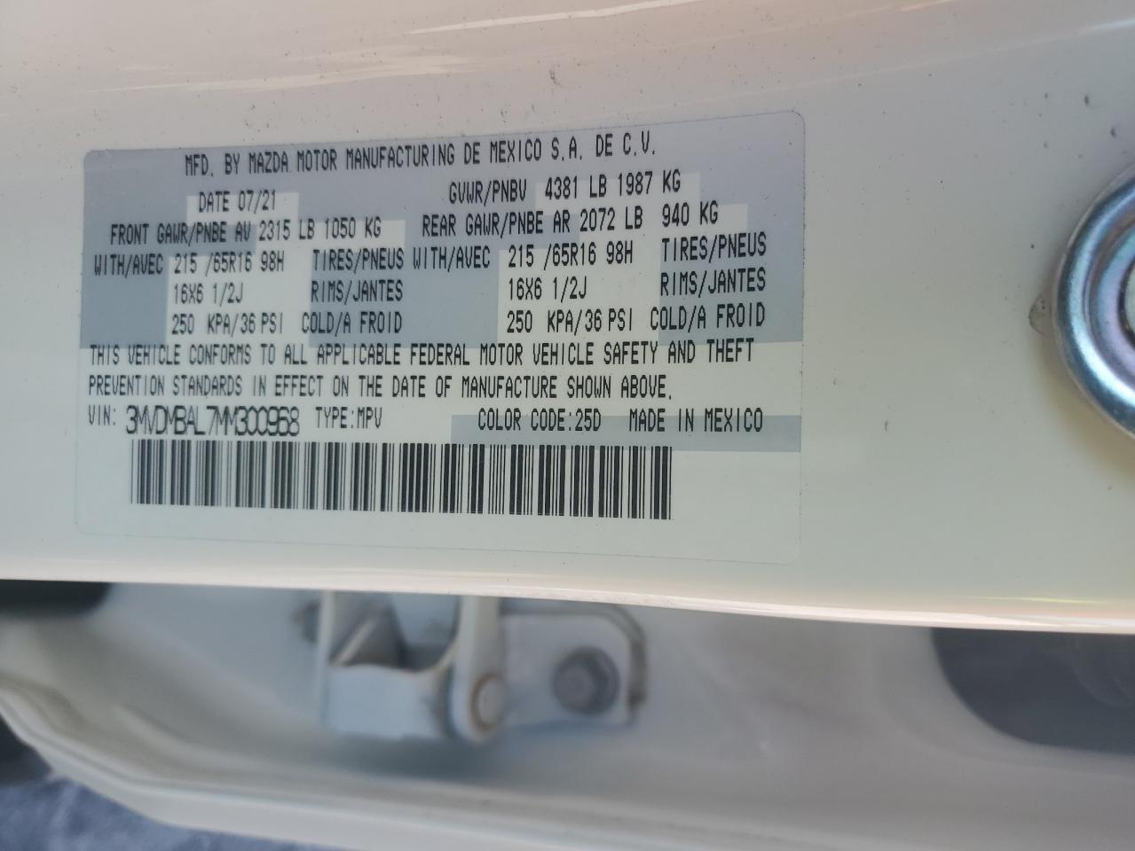2021 Mazda Cx-30 VIN: 3MVDMBAL7MM300968 Lot: 66610605