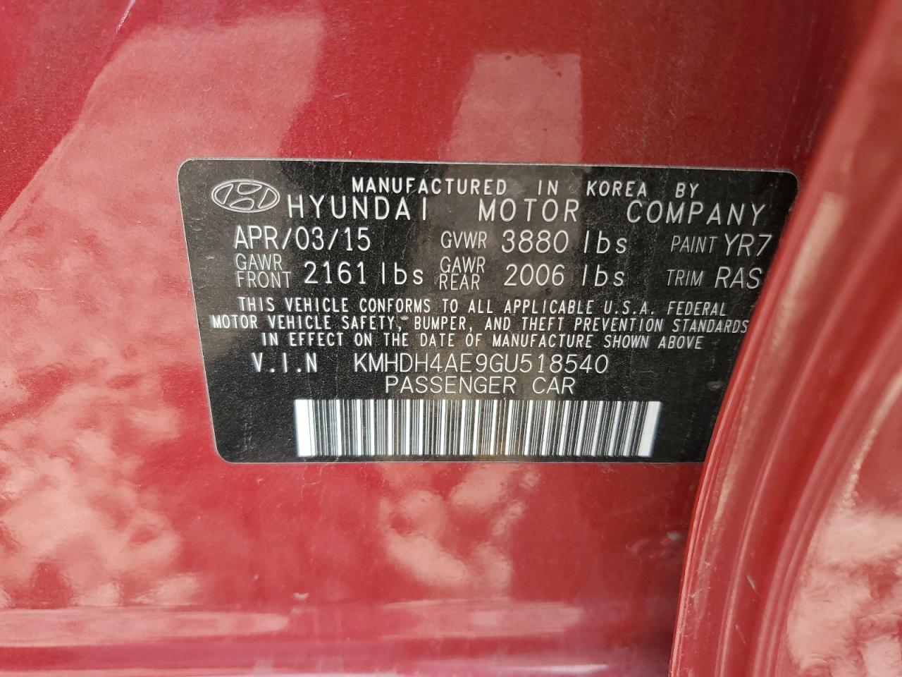 2016 Hyundai Elantra Se VIN: KMHDH4AE9GU518540 Lot: 65503795