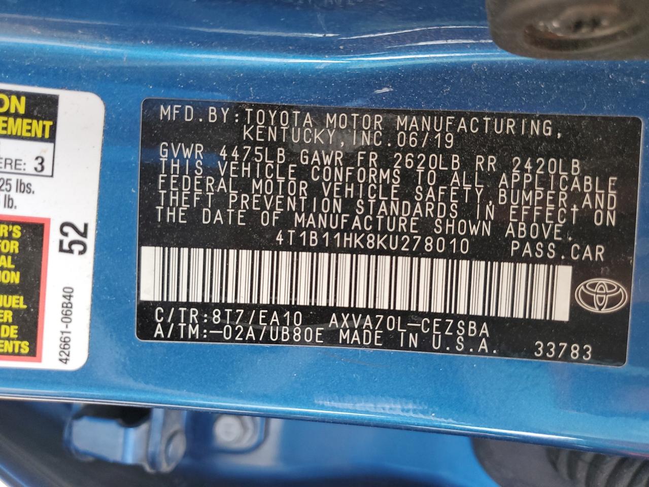 2019 Toyota Camry L VIN: 4T1B11HK8KU278010 Lot: 65734985