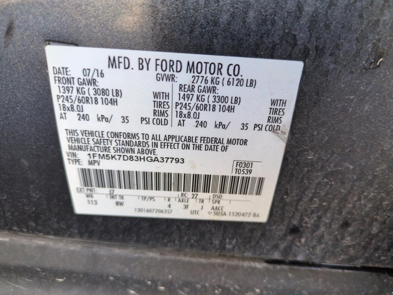 2017 Ford Explorer Xlt VIN: 1FM5K7D83HGA37793 Lot: 65215715