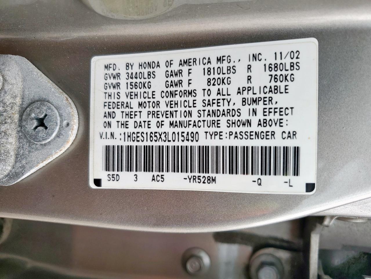 2003 Honda Civic Lx VIN: 1HGES165X3L015490 Lot: 65720215