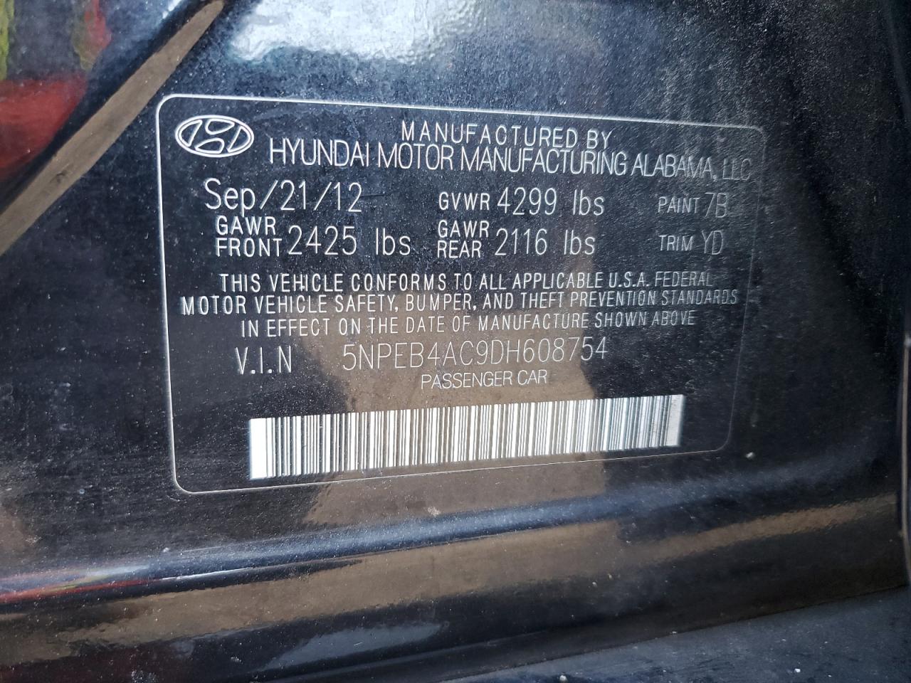 2013 Hyundai Sonata Gls VIN: 5NPEB4AC9DH608754 Lot: 65032425