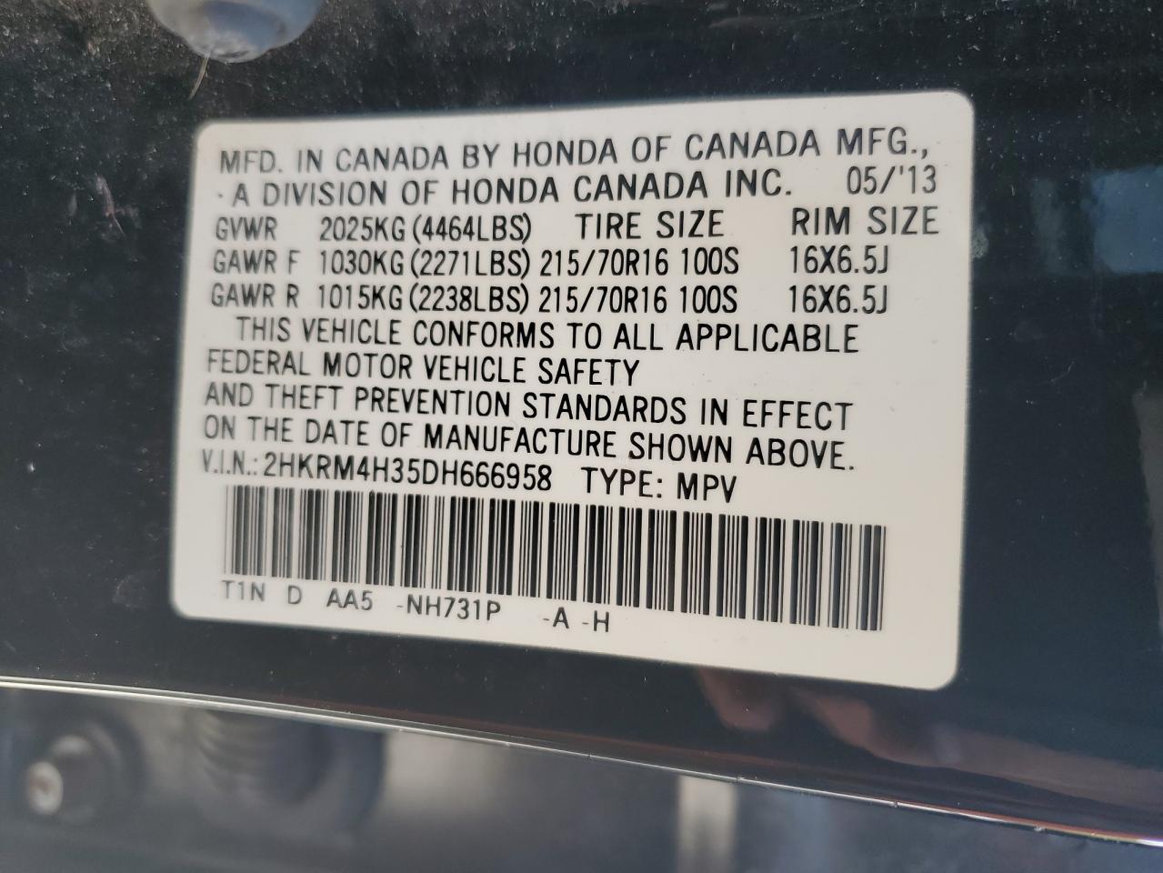 2013 Honda Cr-V Lx VIN: 2HKRM4H35DH666958 Lot: 65406445