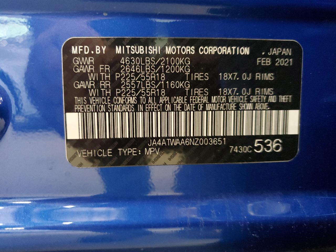 2022 Mitsubishi Eclipse Cross Se VIN: JA4ATWAA6NZ003651 Lot: 65397405