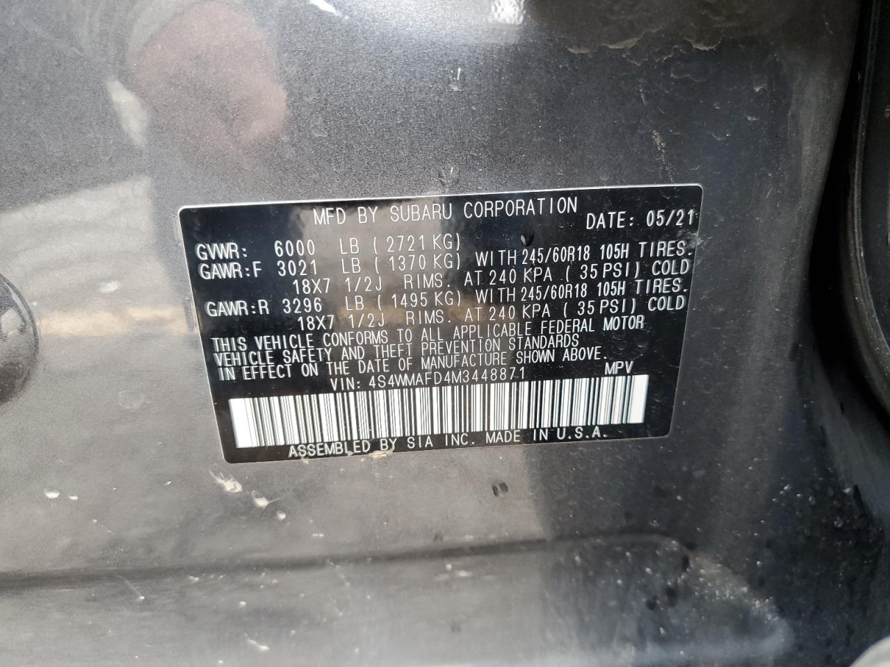 2021 Subaru Ascent Premium VIN: 4S4WMAFD4M3448871 Lot: 63049605