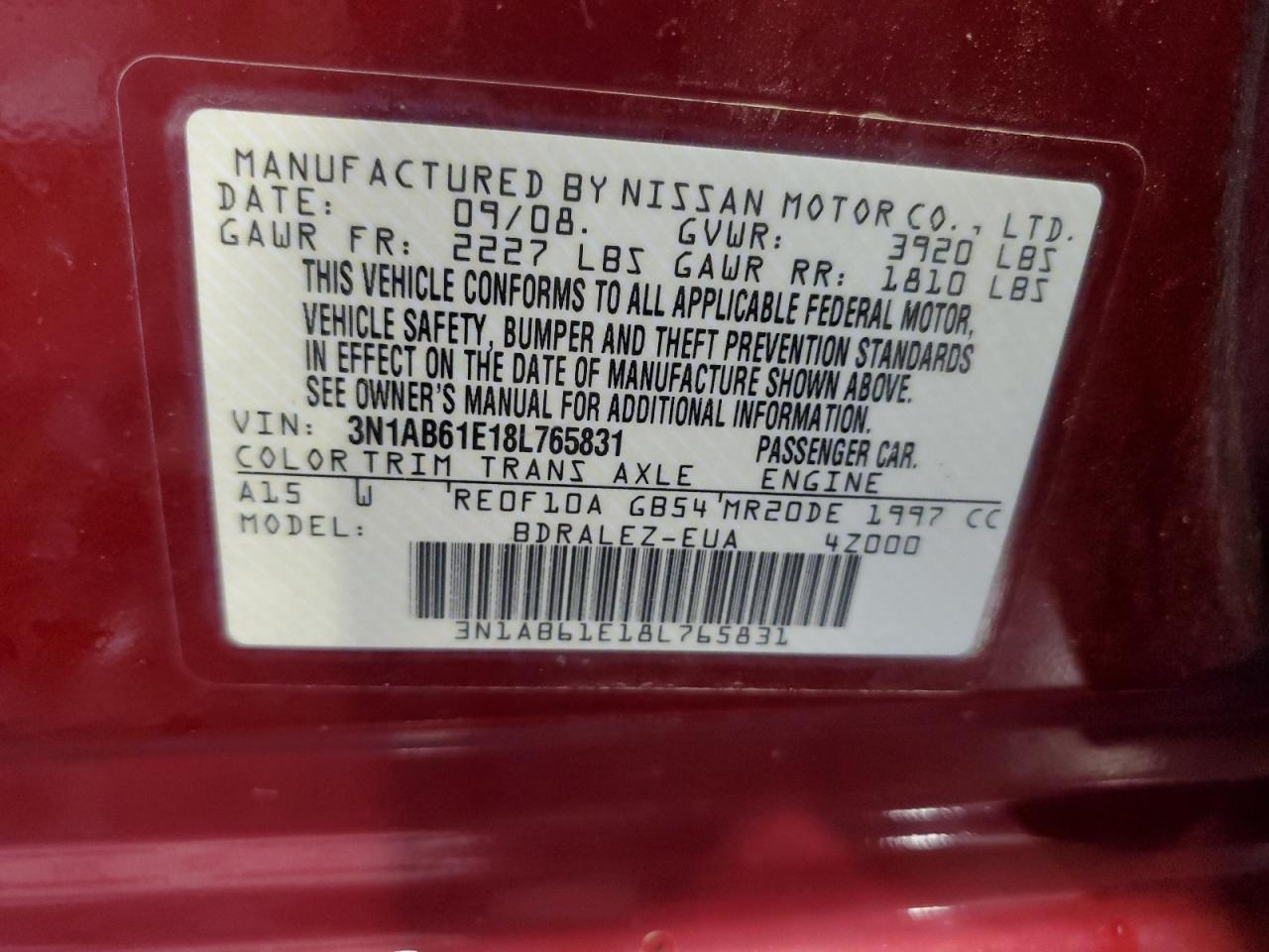 2008 Nissan Sentra 2.0 VIN: 3N1AB61E18L765831 Lot: 63210665