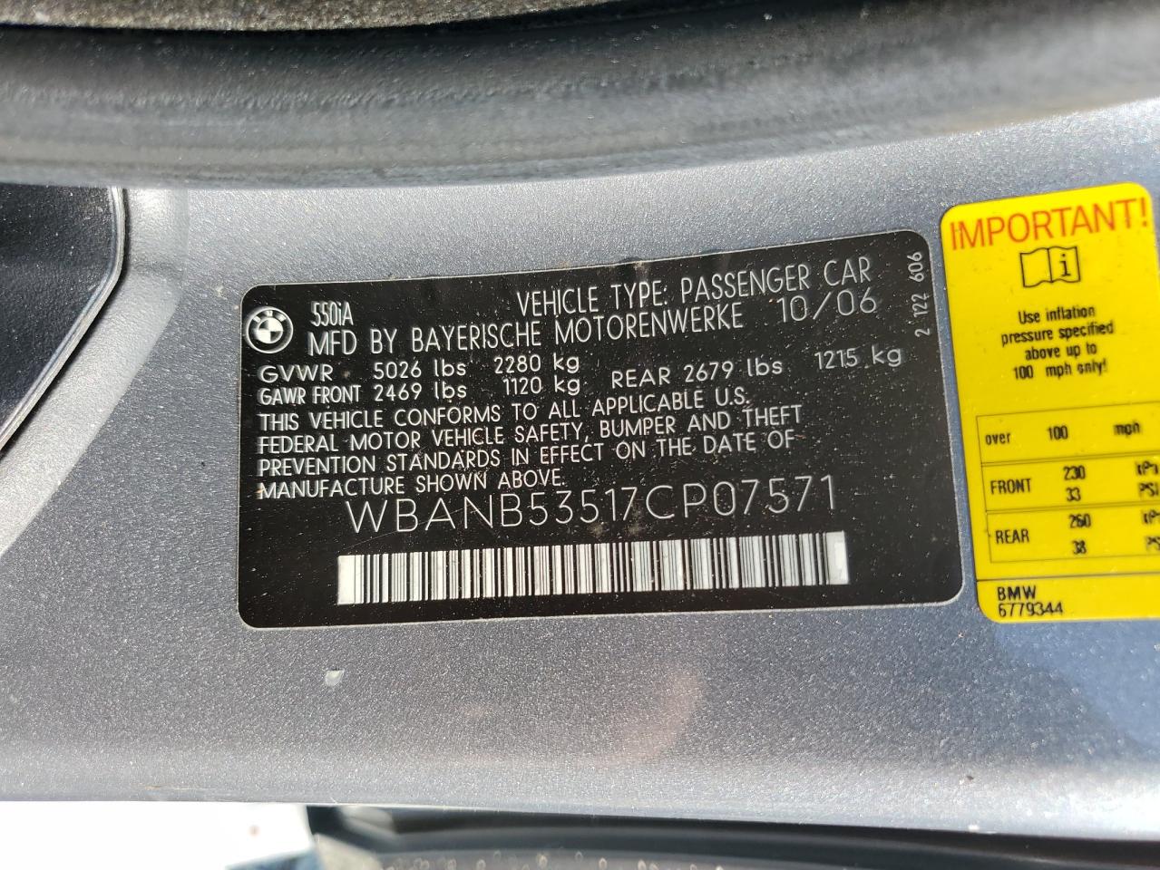 2007 BMW 550 I VIN: WBANB53517CP07571 Lot: 63612725