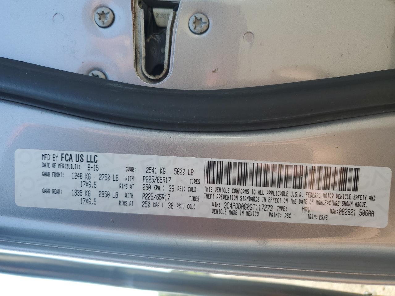 2016 Dodge Journey Se VIN: 3C4PDDAG0GT117273 Lot: 66280415