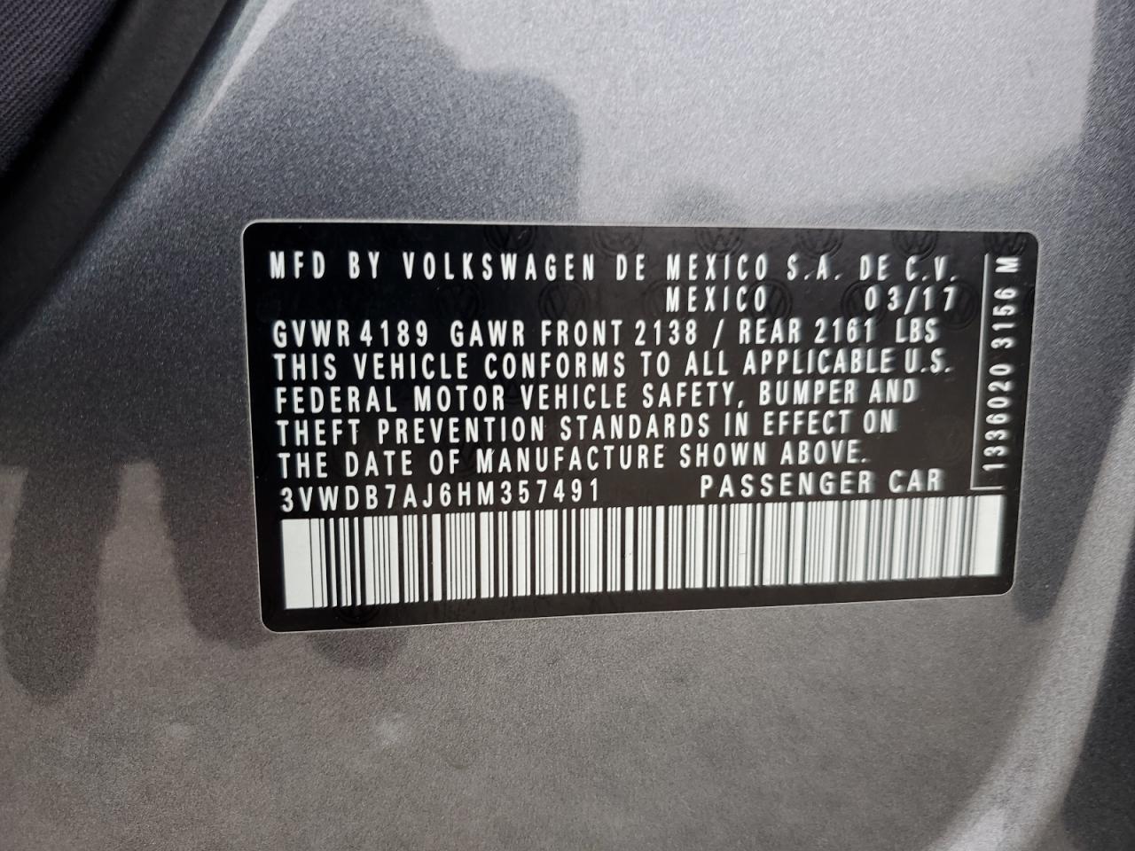 2017 Volkswagen Jetta Se VIN: 3VWDB7AJ6HM357491 Lot: 64995525