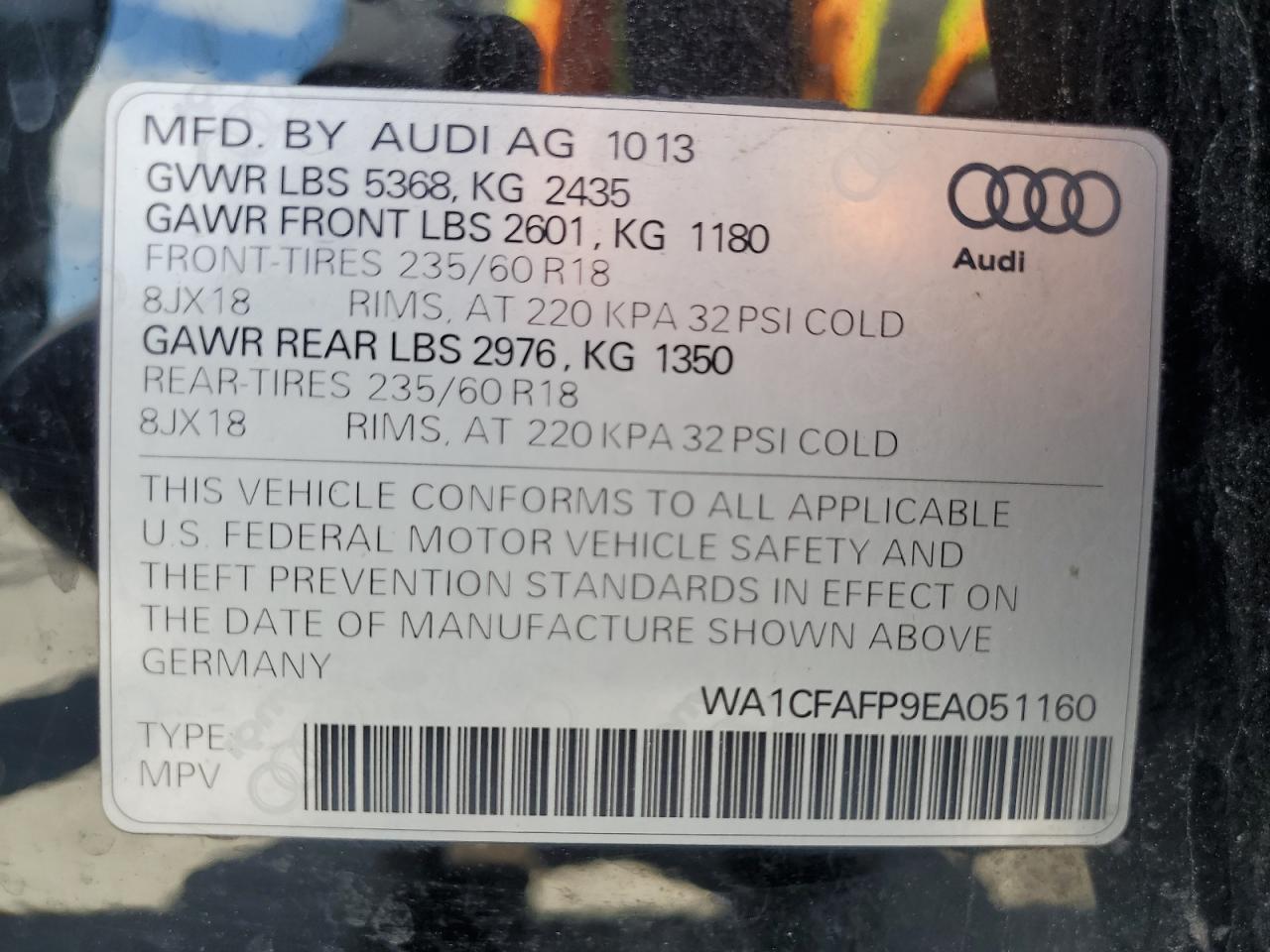 2014 Audi Q5 Premium VIN: WA1CFAFP9EA051160 Lot: 64763705