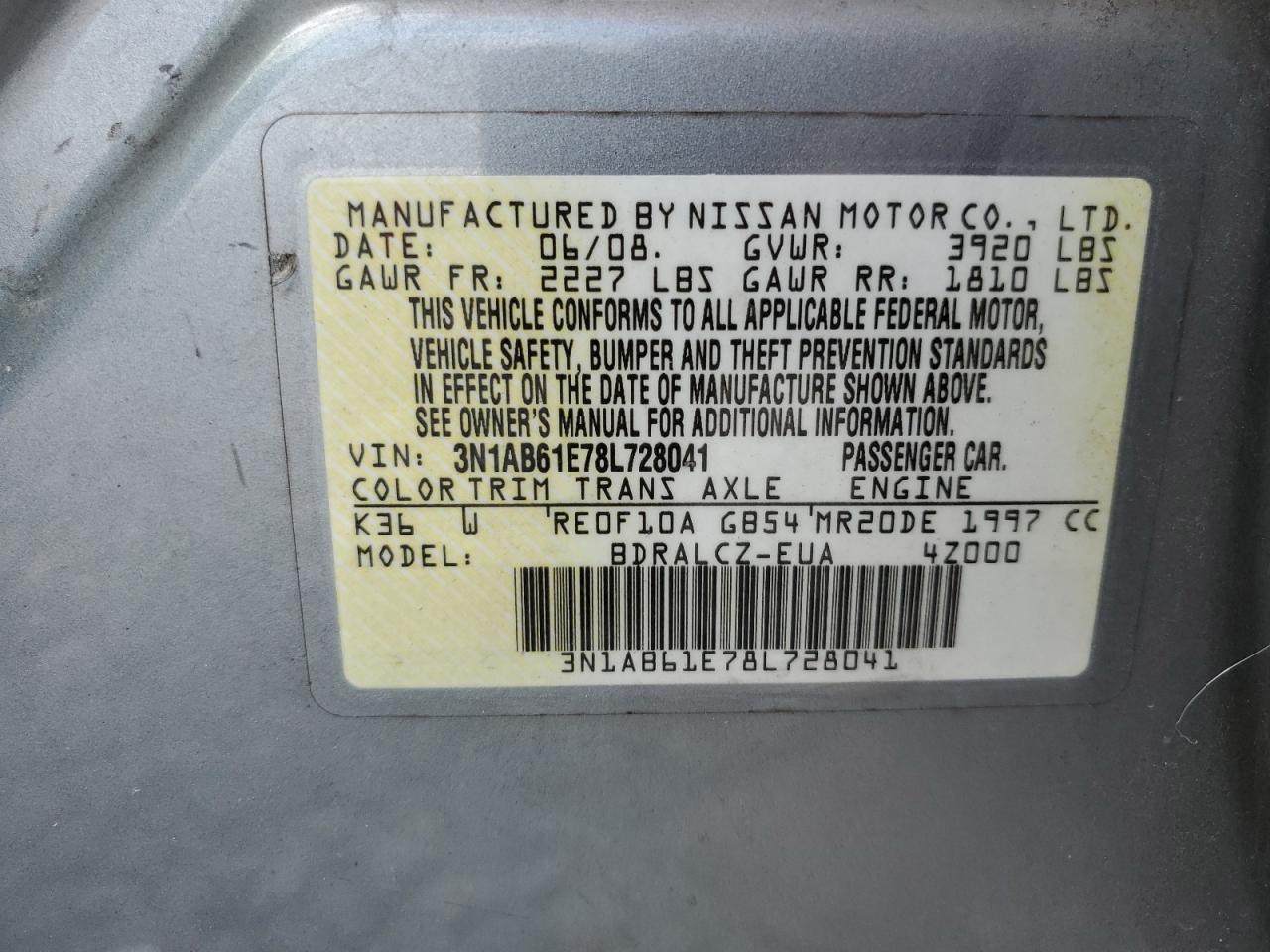 2008 Nissan Sentra 2.0 VIN: 3N1AB61E78L728041 Lot: 64553525
