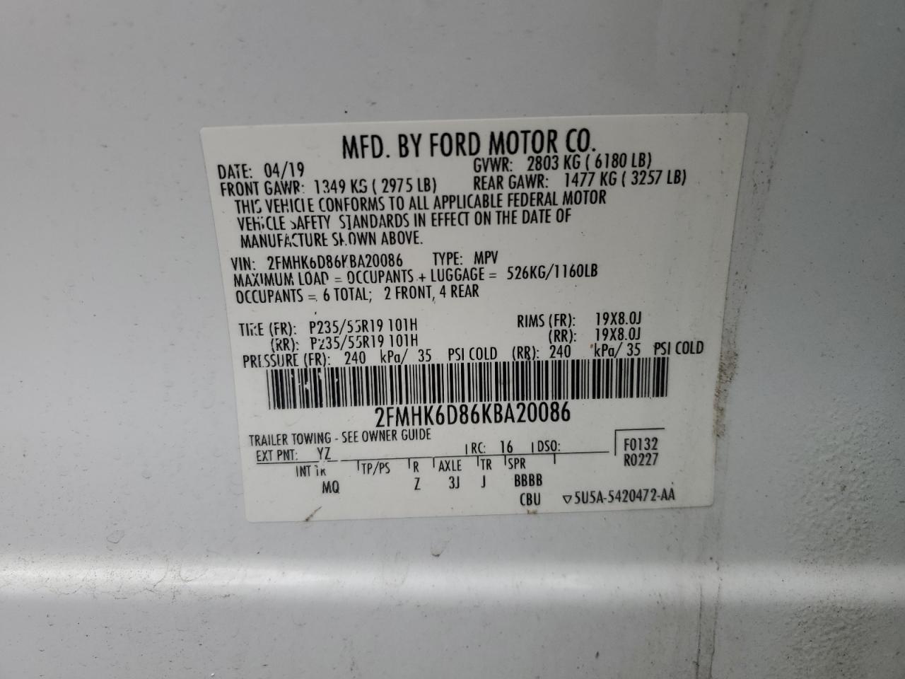 2019 Ford Flex Limited VIN: 2FMHK6D86KBA20086 Lot: 63986105