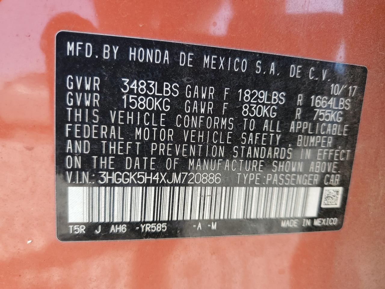2018 Honda Fit Lx VIN: 3HGGK5H4XJM720886 Lot: 64983835
