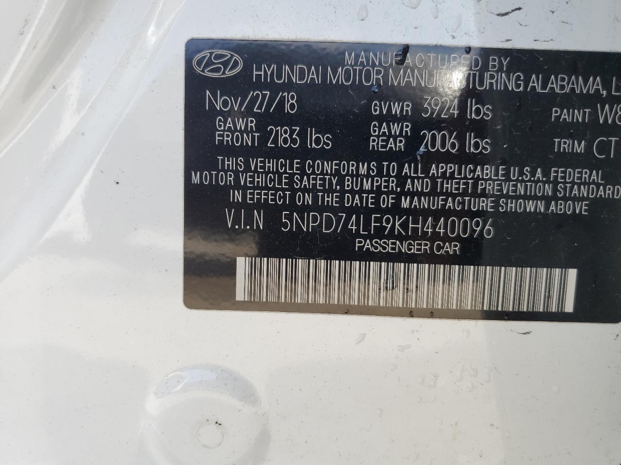 2019 Hyundai Elantra Se VIN: 5NPD74LF9KH440096 Lot: 64182945