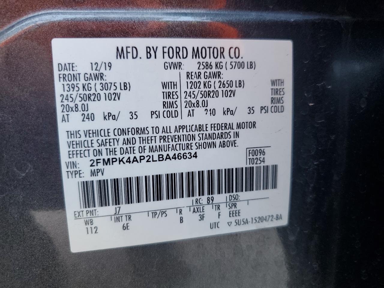 2020 Ford Edge St VIN: 2FMPK4AP2LBA46634 Lot: 63912065