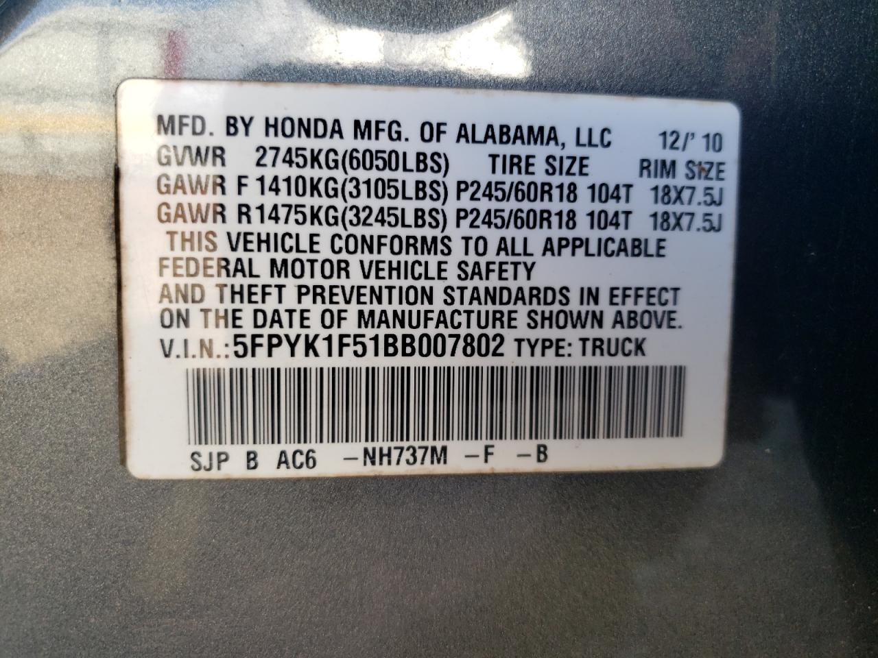 2011 Honda Ridgeline Rtl VIN: 5FPYK1F51BB007802 Lot: 63261935