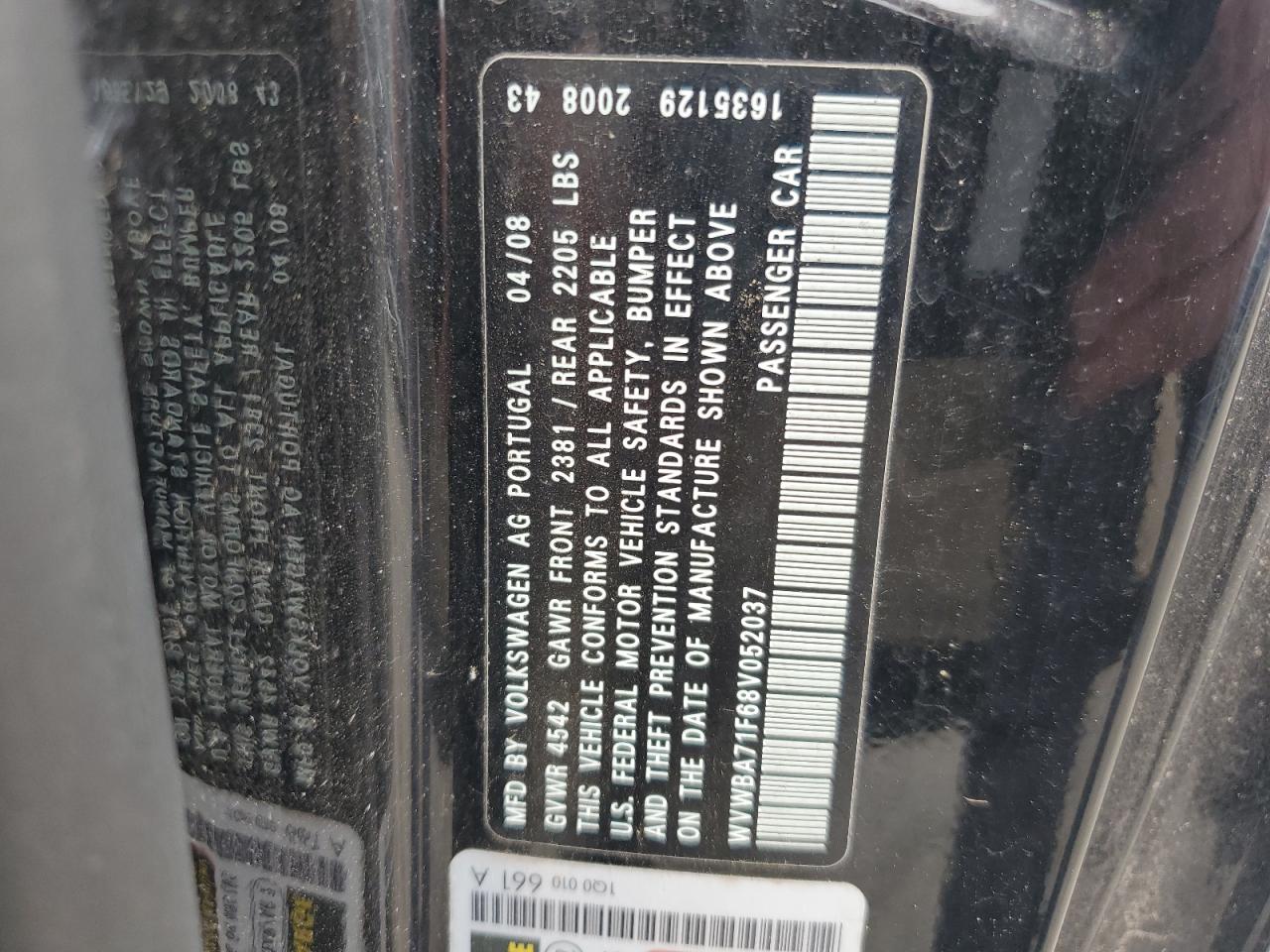 2008 Volkswagen Eos Turbo VIN: WVWBA71F68V052037 Lot: 63837465