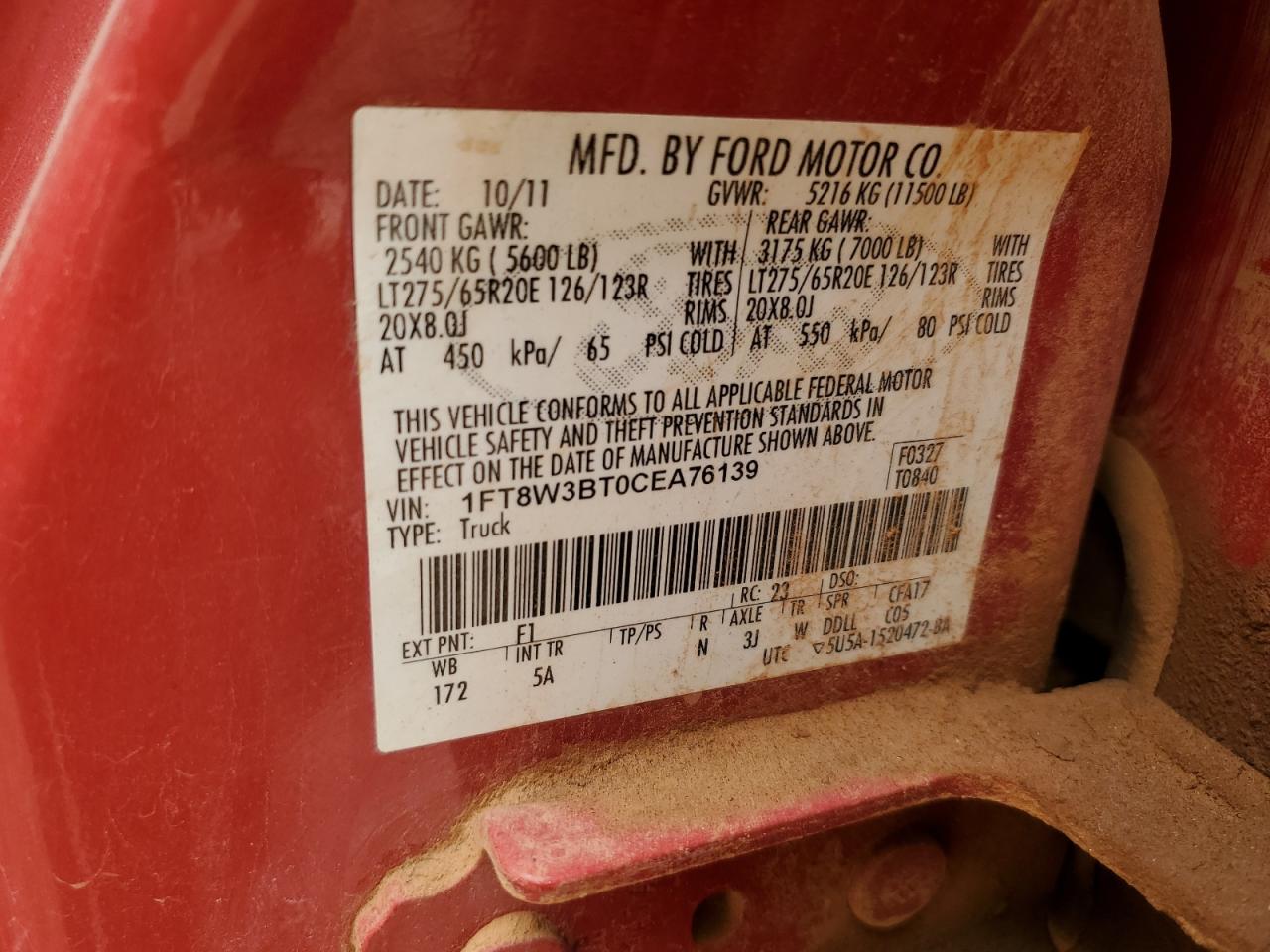 2012 Ford F350 Super Duty VIN: 1FT8W3BT0CEA76139 Lot: 63060335
