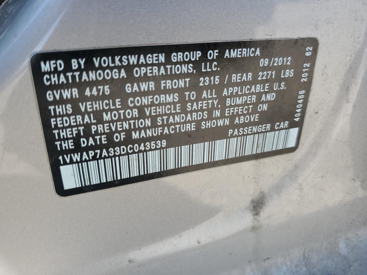 2013 Volkswagen Passat S VIN: 1VWAP7A33DC043539 Lot: 65611985