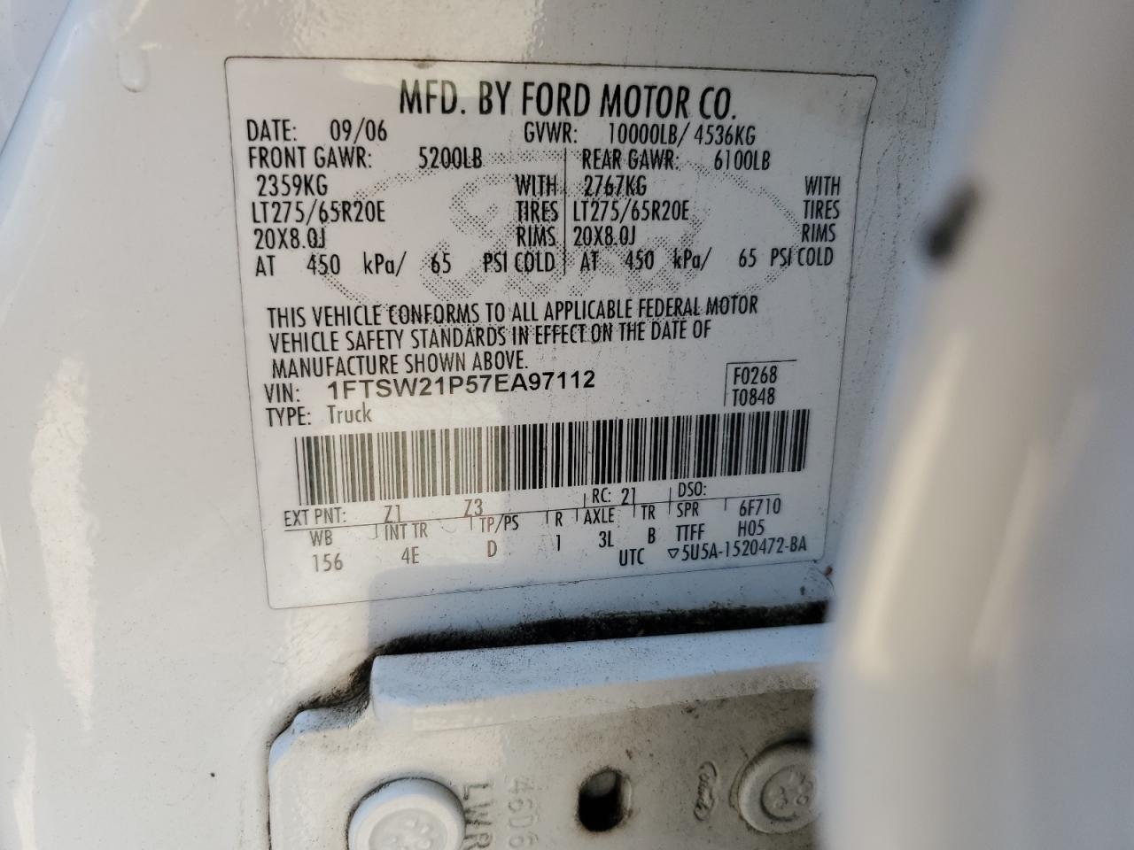 2007 Ford F250 Super Duty VIN: 1FTSW21P57EA97112 Lot: 65534035
