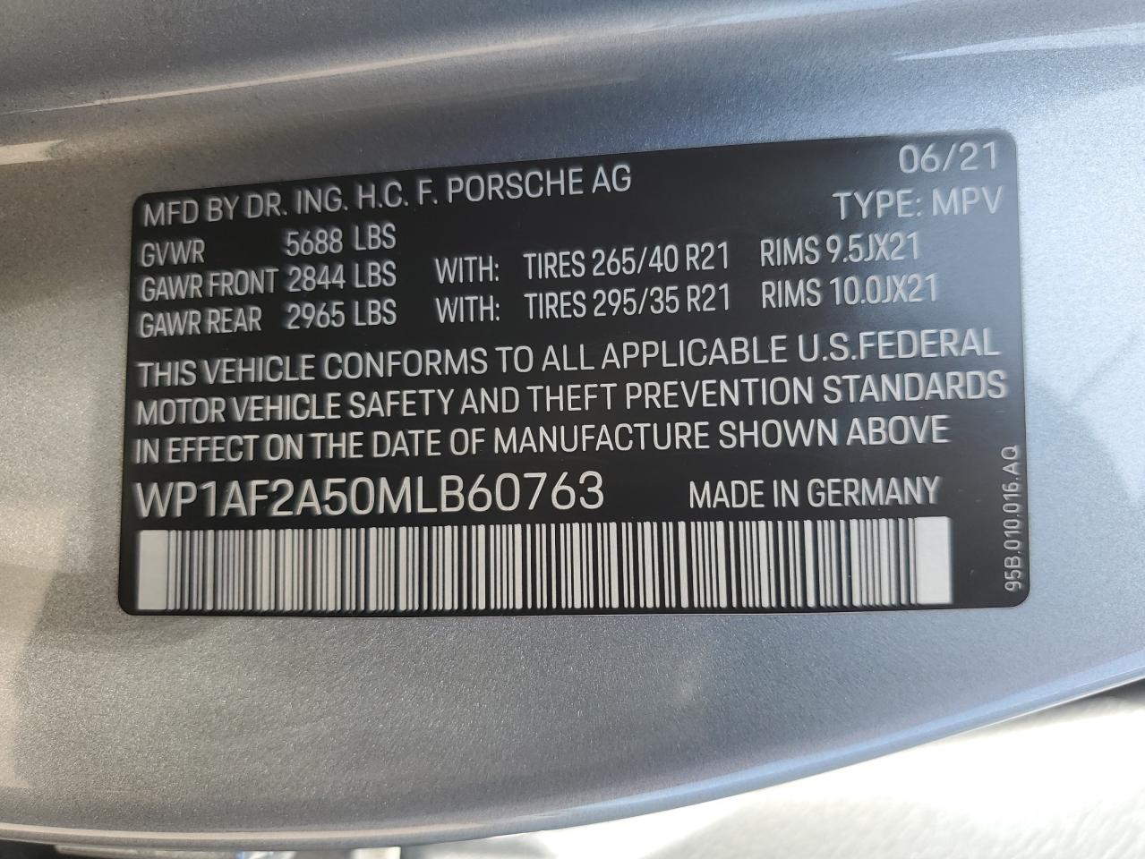 2021 Porsche Macan Turbo VIN: WP1AF2A50MLB60763 Lot: 64736915