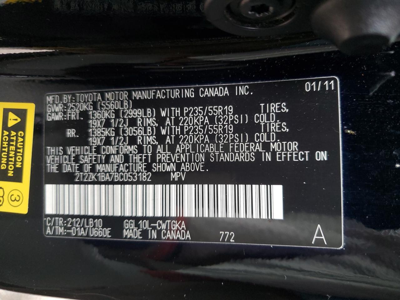2011 Lexus Rx 350 VIN: 2T2ZK1BA7BC053182 Lot: 64283995