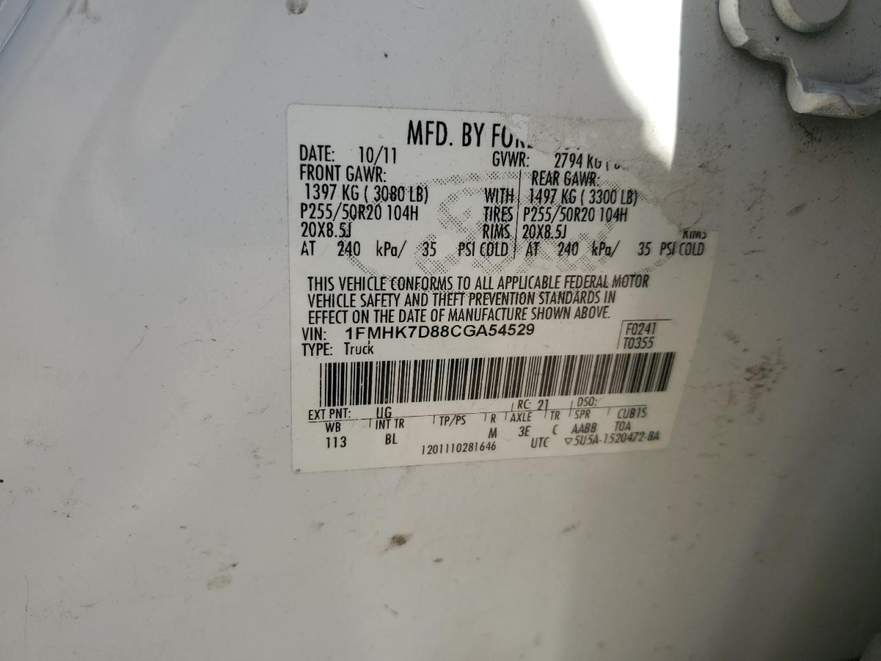 2012 Ford Explorer Xlt VIN: 1FMHK7D88CGA54529 Lot: 64587685
