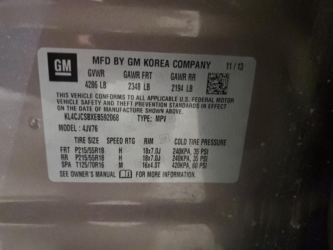 2014 Buick Encore VIN: KL4CJCSBXEB592068 Lot: 63235185